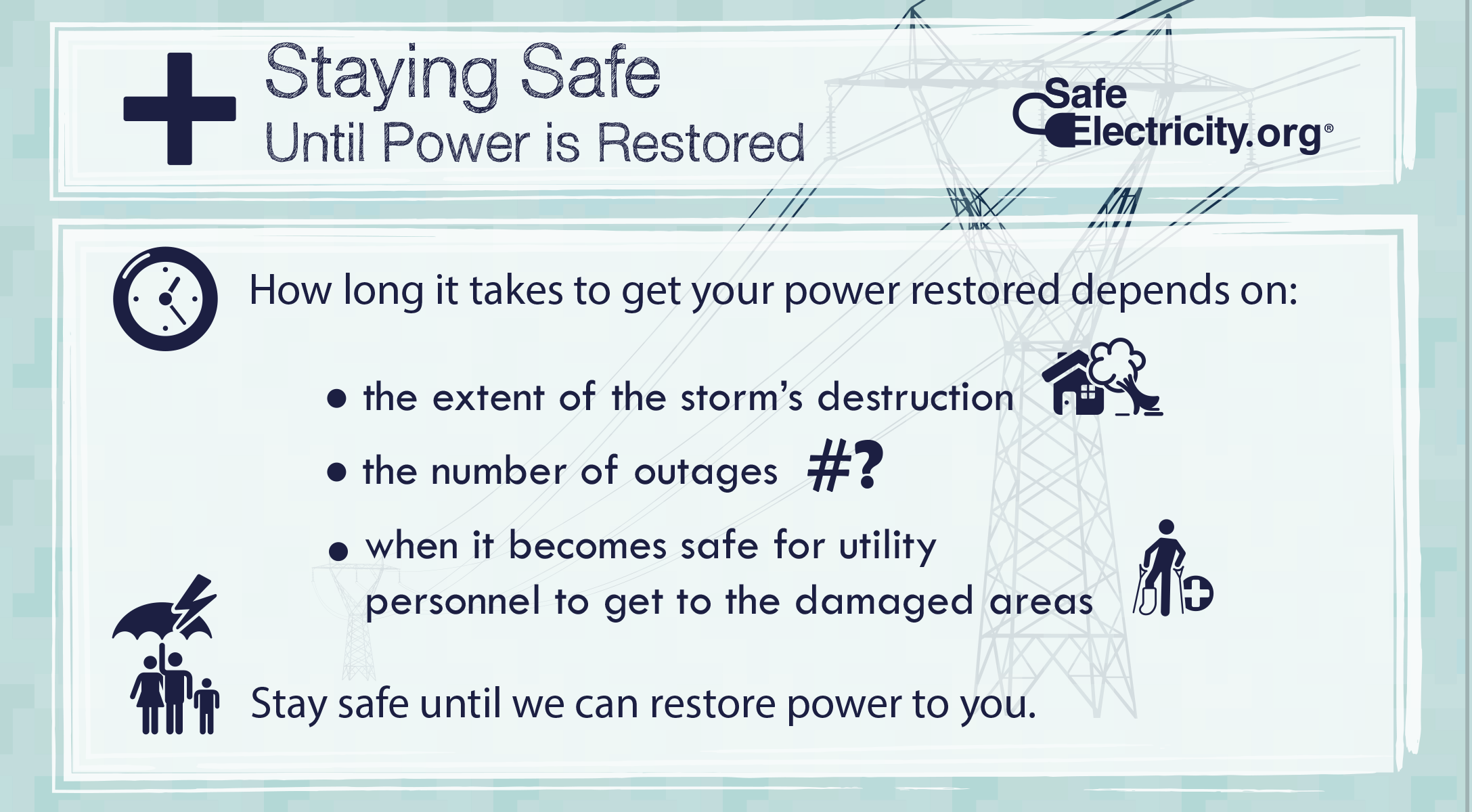 How long it takes to get your power restored depends on: the extent of the storm's destruction, the number of outages, when it becomes safe for utility personnel to get to the damaged areas. Stay safe until we can restore power to you.